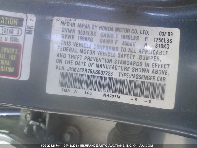 JHMZE2H76AS007223 - 2010 HONDA INSIGHT EX GRAY photo 9