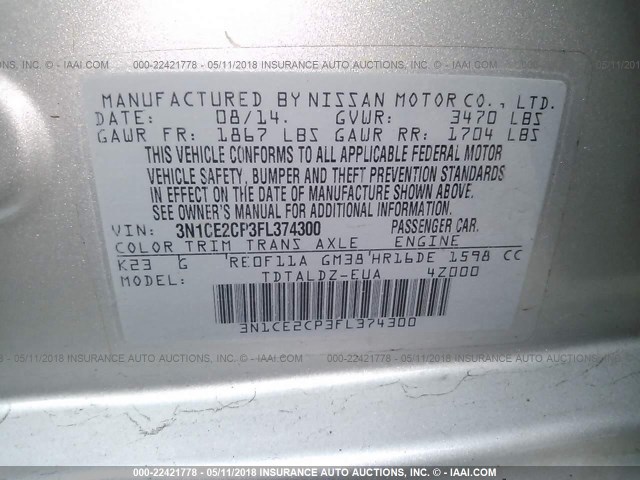 3N1CE2CP3FL374300 - 2015 NISSAN VERSA NOTE S/S PLUS/SV/SL/SR SILVER photo 9