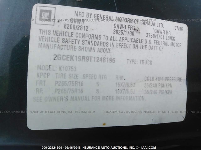 2GCEK19R9T1248196 - 1996 CHEVROLET GMT-400 K1500 GREEN photo 9