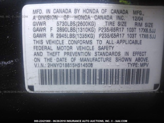 2HNYD18815H514508 - 2005 ACURA MDX TOURING GRAY photo 9