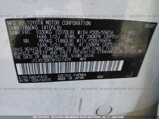 JTLKE50E081011478 - 2008 TOYOTA SCION XB WHITE photo 9