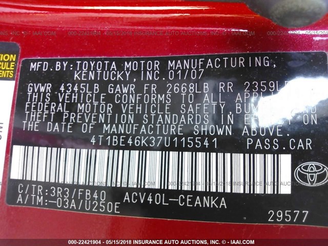 4T1BE46K37U115541 - 2007 TOYOTA CAMRY NEW GENERAT CE/LE/XLE/SE RED photo 9