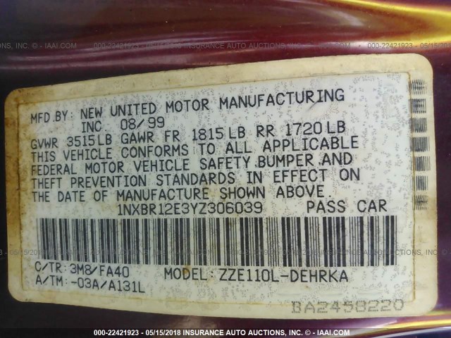 1NXBR12E3YZ306039 - 2000 TOYOTA COROLLA VE/CE/LE 勃艮第红 照片 9