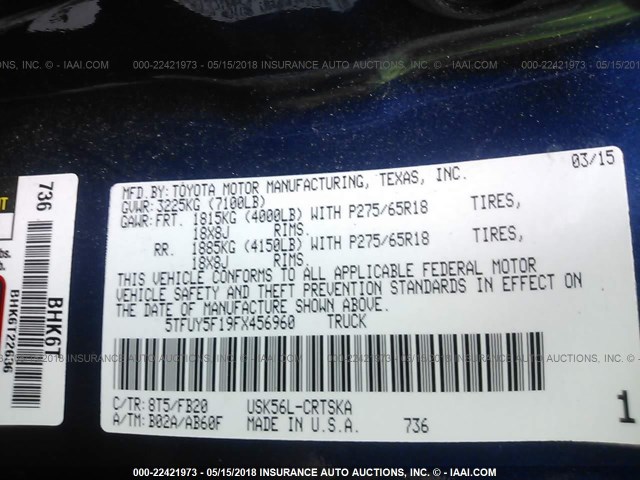 5TFUY5F19FX456960 - 2015 TOYOTA TUNDRA DOUBLE CAB SR/SR5 BLUE photo 9