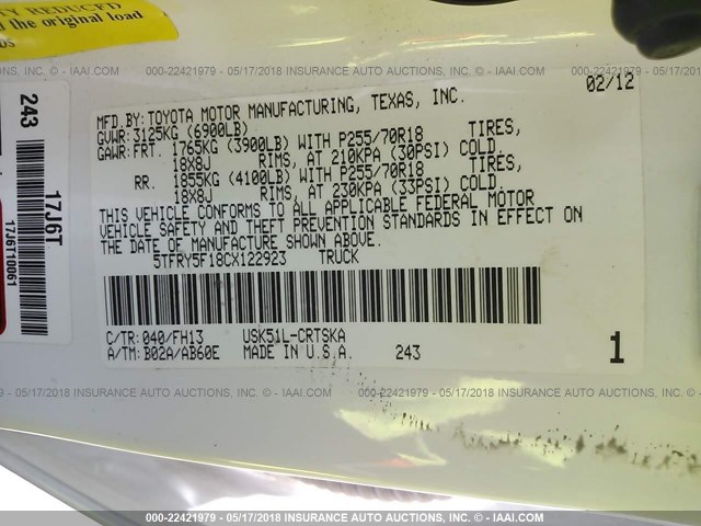 5TFRY5F18CX122923 - 2012 TOYOTA TUNDRA DOUBLE CAB SR5 WHITE photo 9