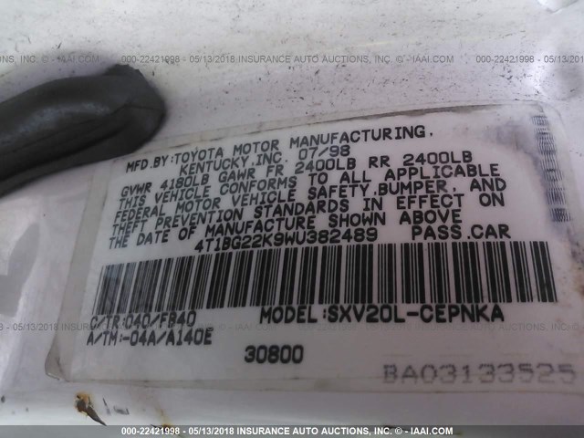 4T1BG22K9WU382489 - 1998 TOYOTA CAMRY CE/LE/XLE 白色 照片 9