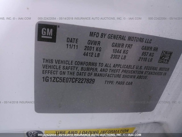 1G1ZC5E07CF227829 - 2012 CHEVROLET MALIBU 1LT WHITE photo 9