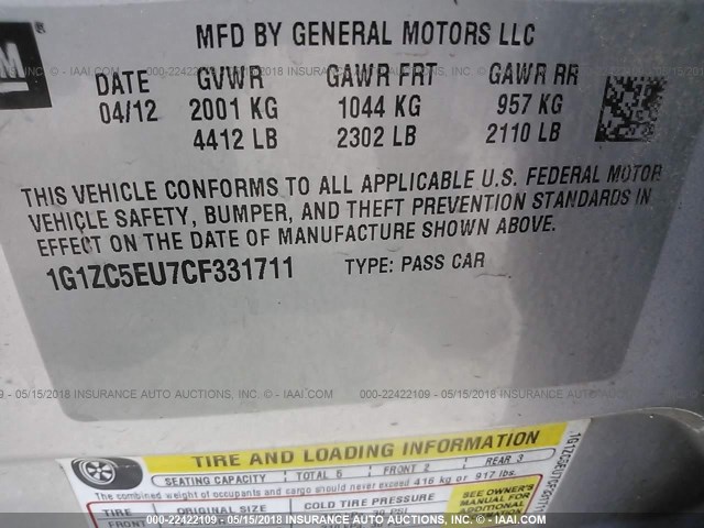 1G1ZC5EU7CF331711 - 2012 CHEVROLET MALIBU 1LT 银色 照片 9