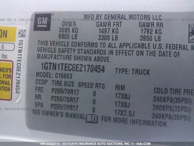 1GTN1TEC6EZ170454 - 2014 GMC SIERRA C1500 WHITE photo 9