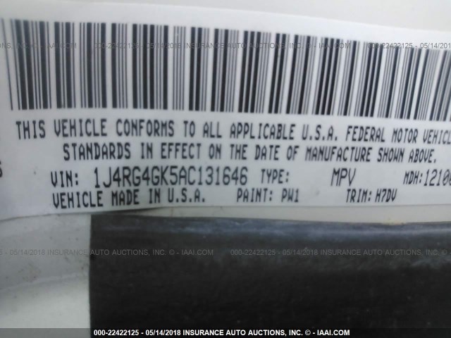 1J4RG4GK5AC131646 - 2010 JEEP COMMANDER SPORT თეთრი ფოტო 9