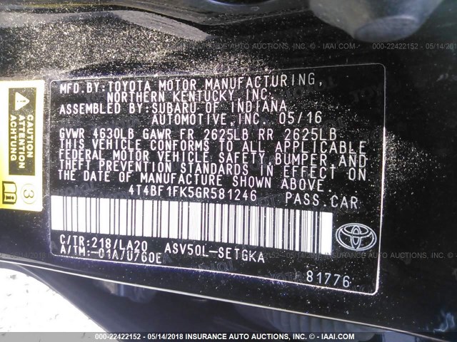 4T4BF1FK5GR581246 - 2016 TOYOTA CAMRY LE/XLE/SE/XSE BLACK photo 9