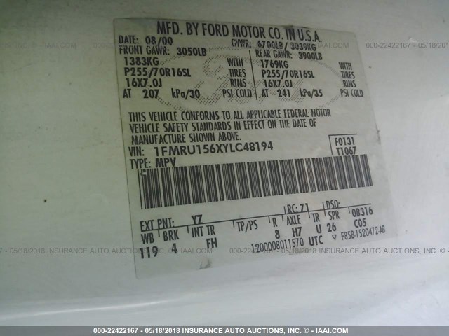 1FMRU156XYLC48194 - 2000 FORD EXPEDITION XLT თეთრი ფოტო 9