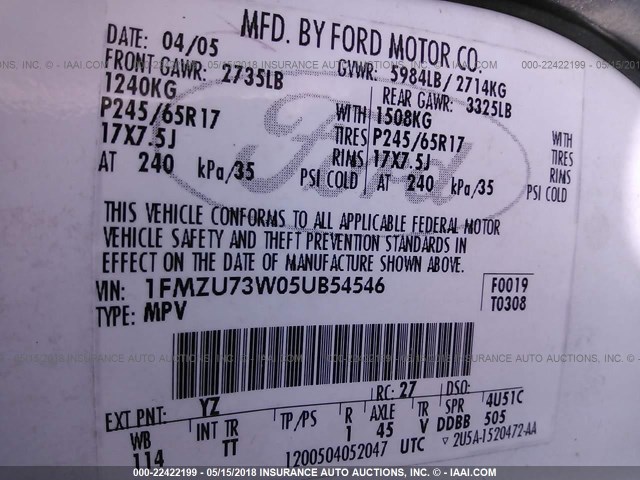 1FMZU73W05UB54546 - 2005 FORD EXPLORER XLT/XLT SPORT/NBX WHITE photo 9