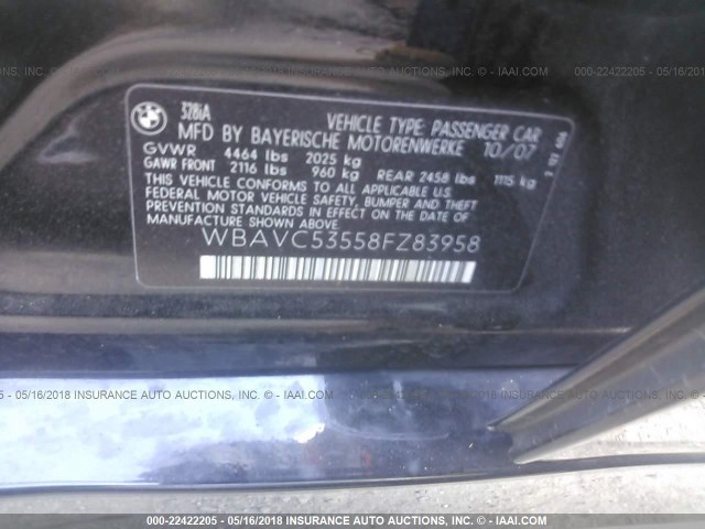 WBAVC53558FZ83958 - 2008 BMW 328 I SULEV BLACK photo 9