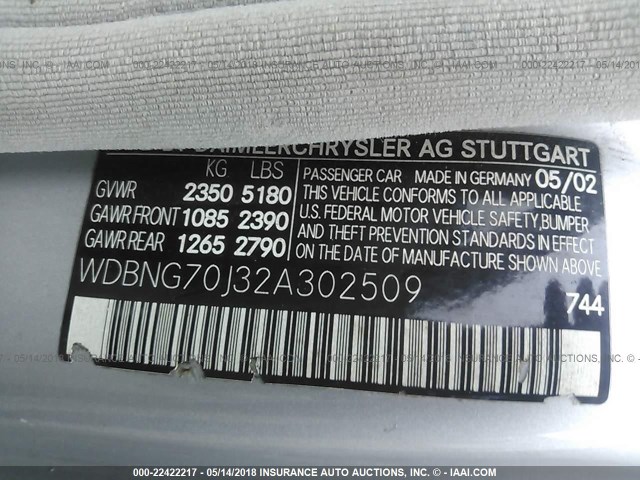 WDBNG70J32A302509 - 2002 MERCEDES-BENZ S 430 SILVER photo 9