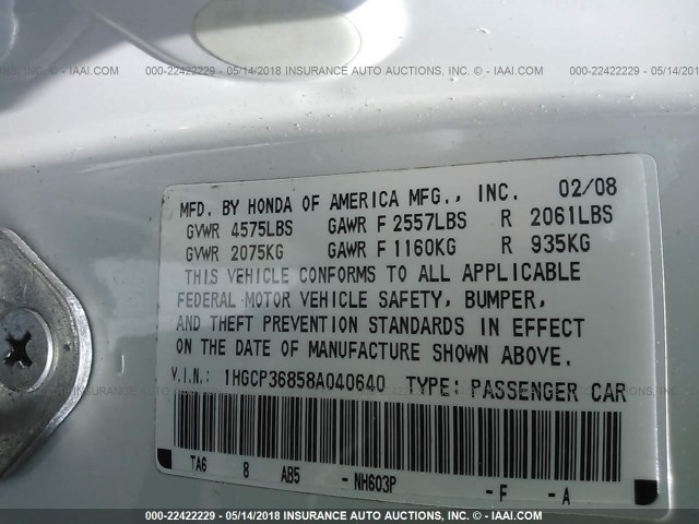 1HGCP36858A040640 - 2008 HONDA ACCORD EXL WHITE photo 9