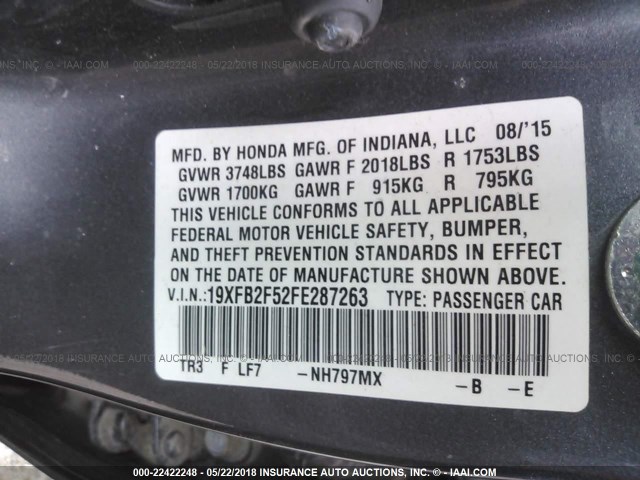 19XFB2F52FE287263 - 2015 HONDA CIVIC LX GRAY photo 9