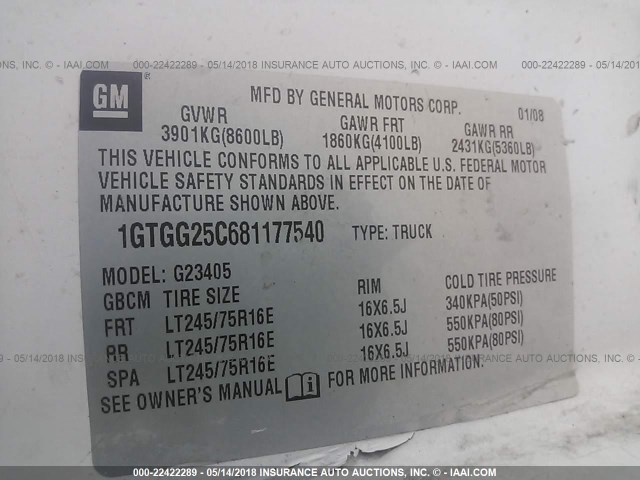 1GTGG25C681177540 - 2008 GMC SAVANA G2500 WHITE photo 9