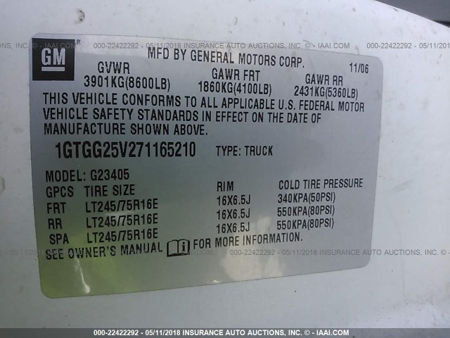 1GTGG25V271165210 - 2007 GMC SAVANA G2500 WHITE photo 9