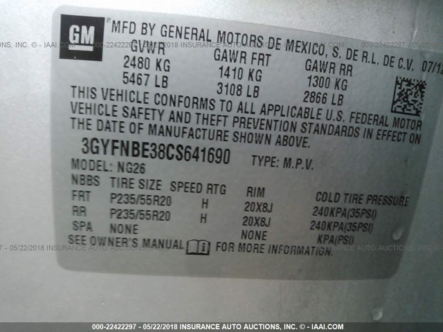 3GYFNBE38CS641690 - 2012 CADILLAC SRX PERFORMANCE COLLECTION Күміс фото 9