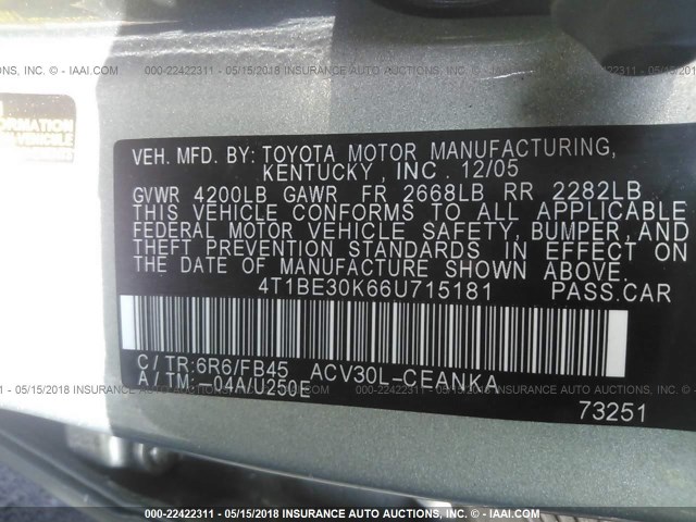 4T1BE30K66U715181 - 2006 TOYOTA CAMRY LE/XLE/SE TEAL photo 9