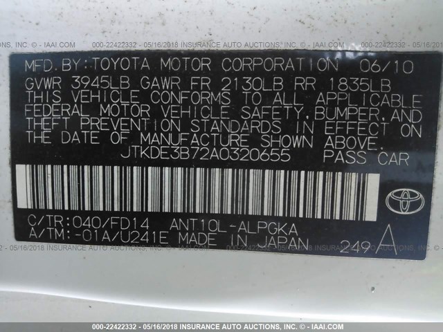 JTKDE3B72A0320655 - 2010 TOYOTA SCION TC WHITE photo 9