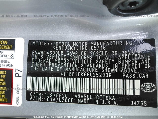 4T1BF1FK6GU252808 - 2016 TOYOTA CAMRY LE/XLE/SE/XSE SILVER photo 9