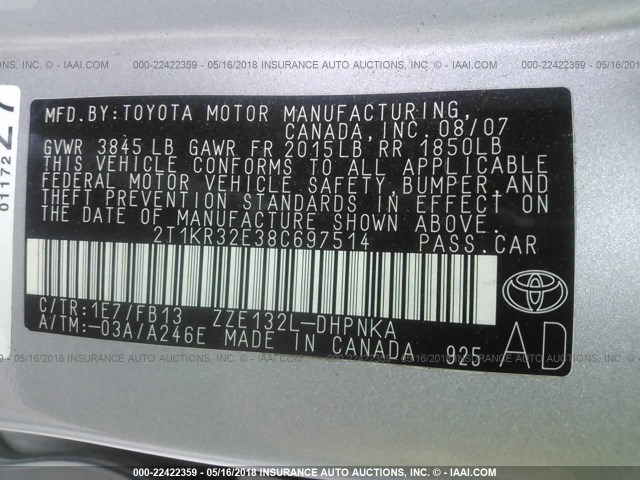 2T1KR32E38C697514 - 2008 TOYOTA COROLLA MATRIX XR SILVER photo 9