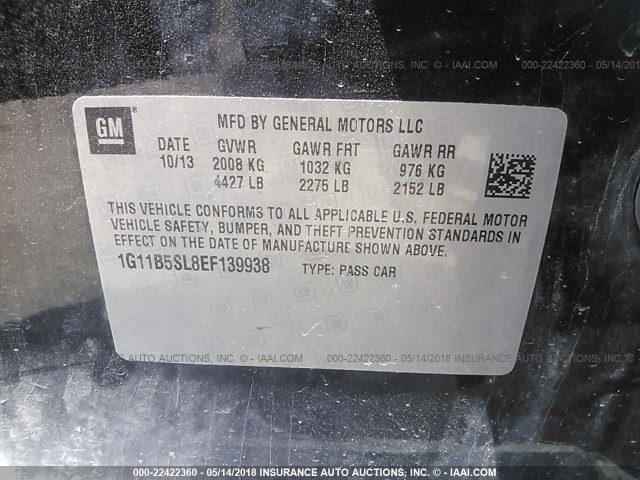 1G11B5SL8EF139938 - 2014 CHEVROLET MALIBU LS შავი ფოტო 9