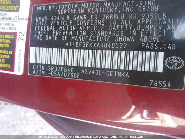 4T4BF3EKXAR040522 - 2010 TOYOTA CAMRY SE/LE/XLE RED photo 9