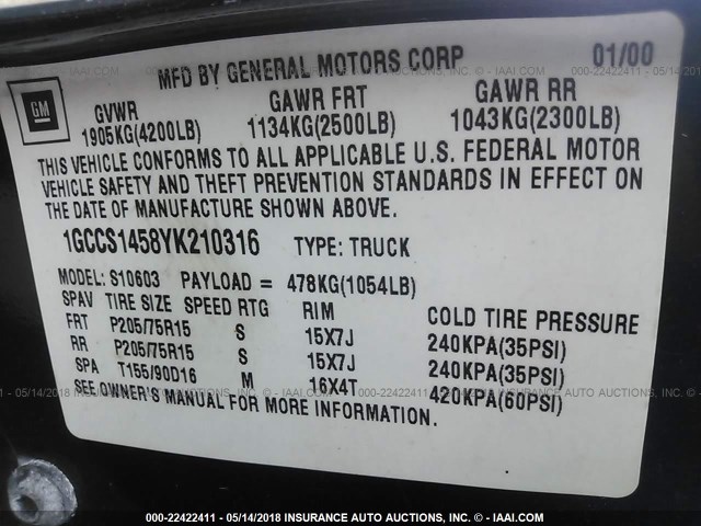 1GCCS1458YK210316 - 2000 CHEVROLET S TRUCK S10 BLUE photo 9