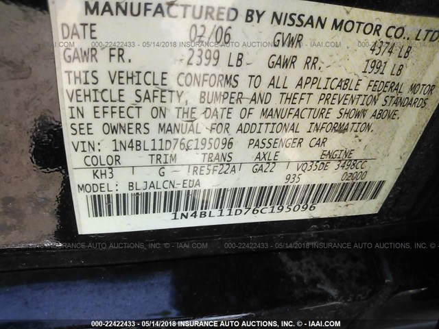 1N4BL11D76C195096 - 2006 NISSAN ALTIMA SE/SL/SE-R BLACK photo 9