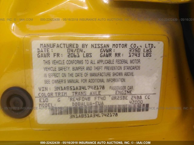 3N1AB51A34L742178 - 2004 NISSAN SENTRA 2.5S YELLOW photo 9