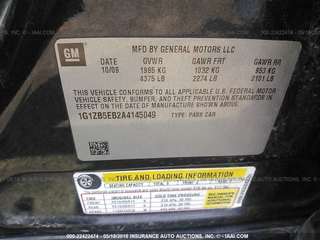 1G1ZB5EB2A4145049 - 2010 CHEVROLET MALIBU LS BLACK photo 9
