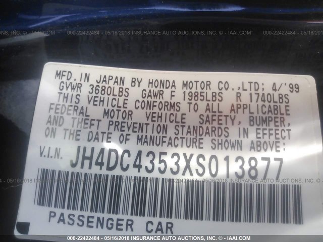 JH4DC4353XS013877 - 1999 ACURA INTEGRA LS BLUE photo 9