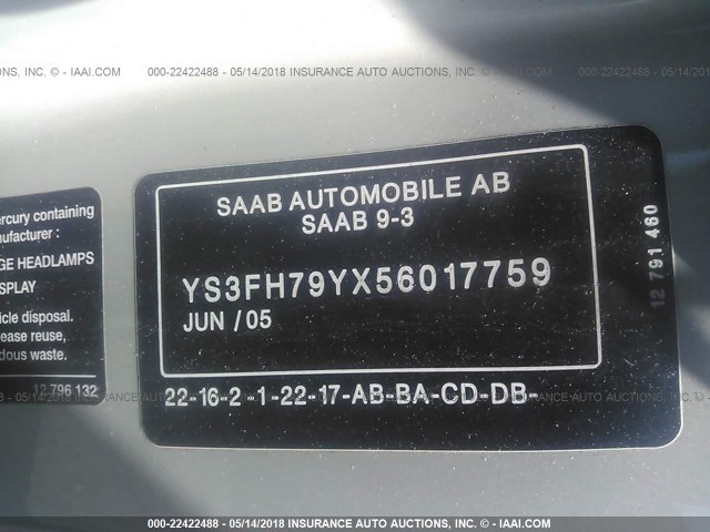 YS3FH79YX56017759 - 2005 SAAB 9-3 AERO SILVER photo 9