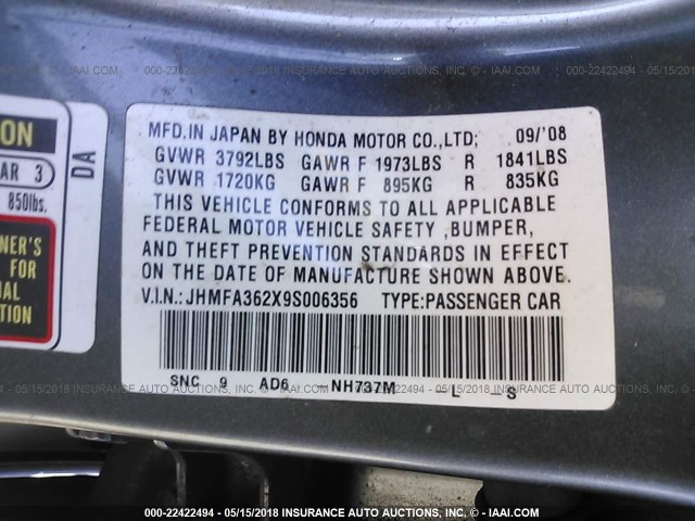 JHMFA362X9S006356 - 2009 HONDA CIVIC HYBRID GRAY photo 9