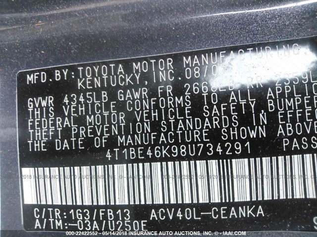 4T1BE46K98U734291 - 2008 TOYOTA CAMRY CE/LE/XLE/SE GRAY photo 9