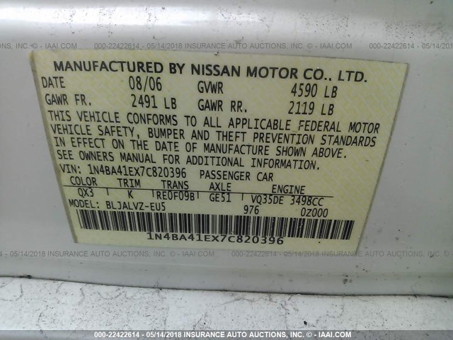 1N4BA41EX7C820396 - 2007 NISSAN MAXIMA SE/SL WHITE photo 9