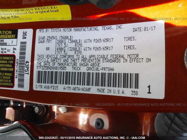 5TFDZ5BN2HX019505 - 2017 TOYOTA TACOMA DBL CAB/SR5/TRD SPORT/OR ORANGE photo 9