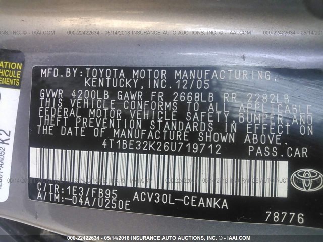 4T1BE32K26U719712 - 2006 TOYOTA CAMRY LE/XLE/SE GRAY photo 9