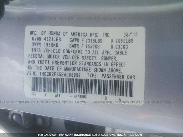 1HGCR2F85EA008092 - 2014 HONDA ACCORD EXL SILVER photo 9