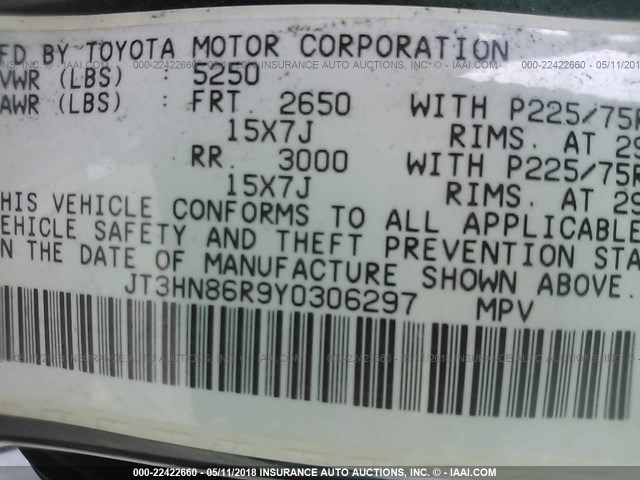 JT3HN86R9Y0306297 - 2000 TOYOTA 4RUNNER SR5 GREEN photo 9