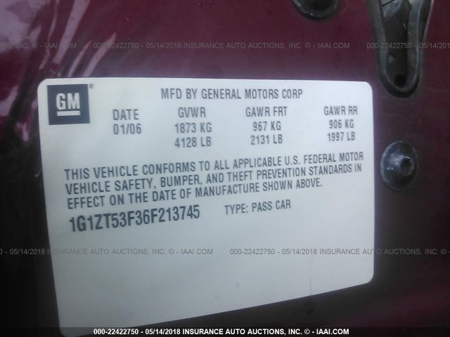 1G1ZT53F36F213745 - 2006 CHEVROLET MALIBU LT MAROON photo 9