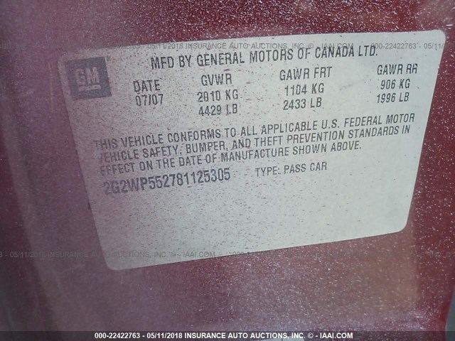2G2WP552781125305 - 2008 PONTIAC GRAND PRIX RED photo 9