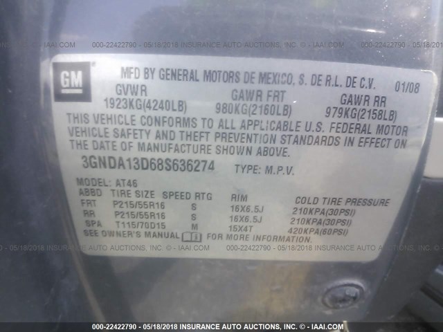 3GNDA13D68S636274 - 2008 CHEVROLET HHR LS GRAY photo 9