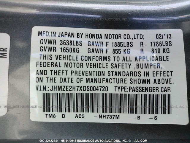 JHMZE2H7XDS004720 - 2013 HONDA INSIGHT EX GRAY photo 9