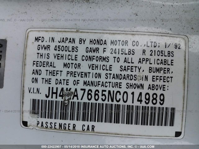 JH4KA7665NC014989 - 1992 ACURA LEGEND L WHITE photo 9