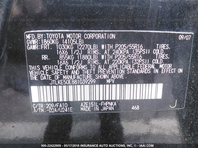 JTLKE50E881039299 - 2008 TOYOTA SCION XB BLACK photo 9
