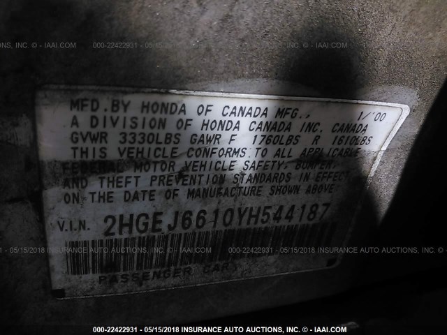 2HGEJ6610YH544187 - 2000 HONDA CIVIC SE SILVER photo 9